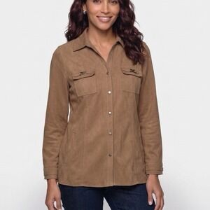 JM Collection Utility‎ Jacket Women M Brown LS Faux Suede Shacket Pocket